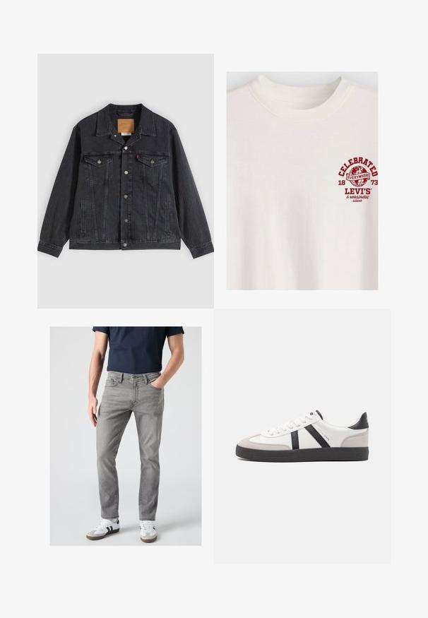 Schwarze Jeansjacke mit Knopfleiste, zwei Brusttaschen, Seitentaschen und vertikal geripptem Muster. Lederpatch auf der Innenseite des Kragens.; Weißes T-Shirt mit rotem Text und Grafik auf der linken Brust mit der Aufschrift "Celebrated Everywhere 1873 Levi's A Worldwide Legend" und einem Globus-Symbol.; Mann trägt graue Slim-Fit-Jeans, weiße Sneaker mit schwarzen Streifen und ein dunkelblaues kurzärmeliges Hemd, steht mit einer Hand in der Tasche.; Weiße Sneaker mit schwarz- und grau-aczenten, ausgestattet mit einer strukturierten grauen Zehenkappe, schwarzer Gummi-Sohle und flachen weißen Schnürsenkeln. Sauberes Design, minimalistische Stil.