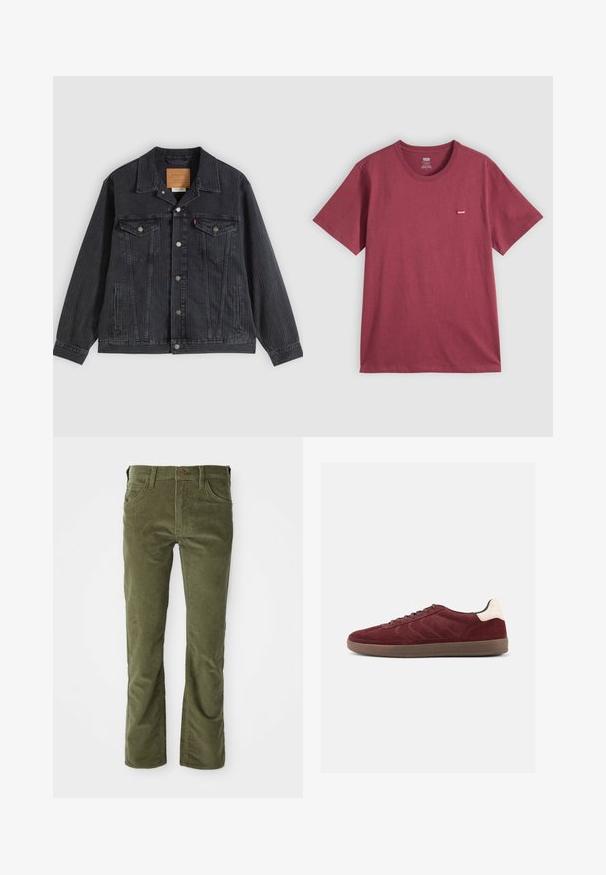 Sort denimjakke med knappelukning foran, to brystlommer, sidelommer og lodret ribbet struktur. Læderpatch på kravens inderside.; Ensfarvet bordeaux kortærmet t-shirt med rund hals og et lille rødt Levi's-logo på venstre bryst.; Olivengrønne fløjlsbukser med forlommer, bæltestropper, knaplukning og let udvidelse ved benåbningerne.; Bordeaux ruskindsneaker med snørelukning foran, tekstureret sideudformning og lysfarvet hælaccents. Gummisål med glat finish.
