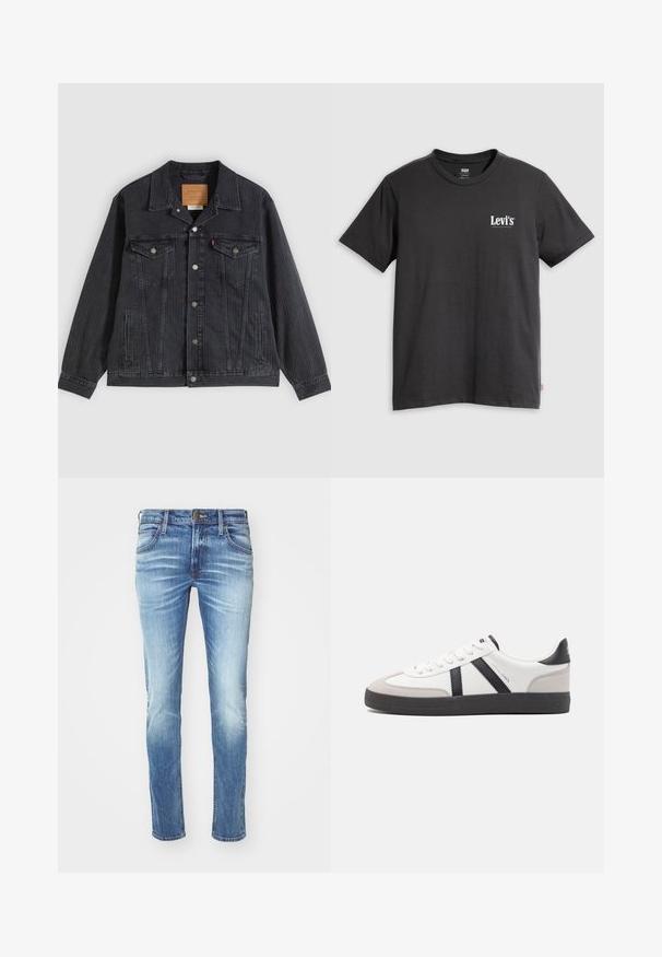 Veste en denim noir avec fermeture à boutons, deux poches poitrine, poches latérales et texture côtelée verticale. Patch en cuir à l'intérieur du col.; T-shirt en coton noir à manches courtes, col rond, avec le logo blanc "Levi's" imprimé sur le côté gauche de la poitrine. Texture douce, coupe décontractée.; Jean en denim bleu clair avec un design délavé, coupe droite, style à cinq poches, fermeture à bouton en métal et coutures contrastées.; Baskets blanches avec des accents noirs et gris, présentant un embout texturé gris, une semelle en caoutchouc noir et des lacets plats blancs. Design épuré, style minimaliste.