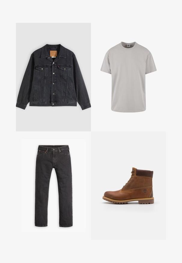 Sort denimjakke med knappelukning foran, to brystlommer, sidelommer og lodret ribbet struktur. Læderpatch på kravens inderside.; Lys grå bomulds T-shirt, korte ærmer, rund hals, afslappet pasform, glat tekstur, ingen mønstre eller synlige grafik. Rengør design.; Sorte straight-leg denim jeans med fem lommer, knaplukning og copper nitter liggende fladt på en hvid baggrund.; Brun læder vandrestøvle med en glat finish, polstret ankel, metalliske snørehuller og en gummisål med et robust dækmønster.