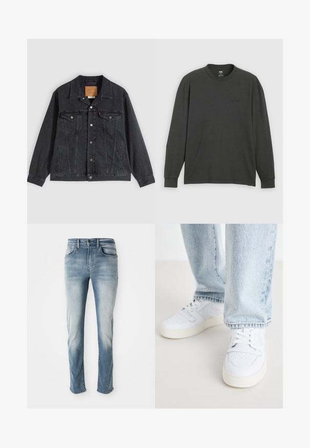 Veste en denim noir avec fermeture à boutons, deux poches poitrine, poches latérales et texture côtelée verticale. Patch en cuir à l'intérieur du col.; T-shirt à manches longues en coton gris foncé, doté d'un col rond et d'une texture douce, avec un logo discret imprimé sur le devant.; Jeans en denim bleu clair avec un design classique à cinq poches, une décoloration subtile et une coupe droite. Comprend une fermeture à bouton et des passants de ceinture.; Baskets basses en cuir blanc avec un bout perforé, des lacets plats et un design minimaliste. Associées à un jean en denim bleu clair.