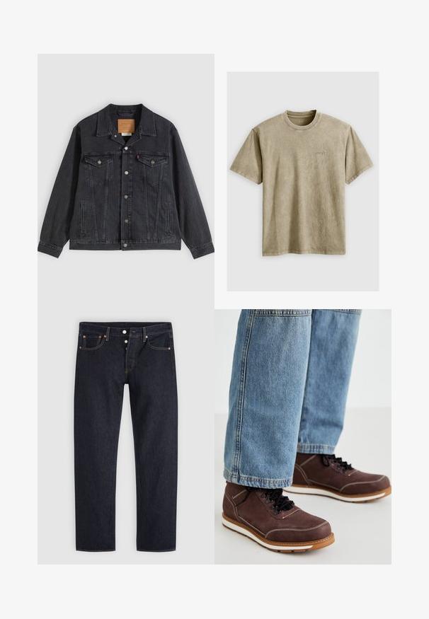 Schwarze Jeansjacke mit Knopfleiste, zwei Brusttaschen, Seitentaschen und vertikal geripptem Muster. Lederpatch auf der Innenseite des Kragens.; Helles braunes T-Shirt mit kurzen Ärmeln und Rundhalsausschnitt, aus weichem Stoff gefertigt. Verfügt über ein kleines, gesticktes Logo auf der Brust.; Dunkelblaue Jeans mit geradem Bein, Knopfleiste, vorderen und hinteren Taschen sowie Kupfernieten auf hellgrauem Hintergrund.; Braune Lederschuhe mit schwarzen Schnürsenkeln, weißer Naht und gummierter Sohle. Kombiniert mit hellblauen Denim-Jeans in leicht lockerer Passform.