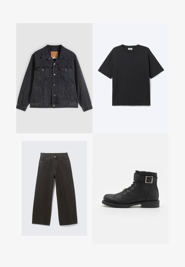 Schwarze Jeansjacke mit Knopfleiste, zwei Brusttaschen, Seitentaschen und vertikal geripptem Muster. Lederpatch auf der Innenseite des Kragens.; Schwarzes T-Shirt mit kurzen Ärmeln und Rundhalsausschnitt in lockerer Passform, Vorderansicht, schlichtes Design und sichtbares Weekday-Label im Krageninneren.; Hochwaisted, weit geschnittene schwarze Denim-Jeans verfügen über ein Fünf-Taschen-Design und einen Knopfverschluss. Der Stoff hat eine weiche, strukturierte Oberfläche.; Schwarze Leder-Ankle-Boots mit schnürbarem Design, Metallbeschlägen und einem seitlichen Riemen mit Schnallendetail. Robuste Sohle und glatte Textur.