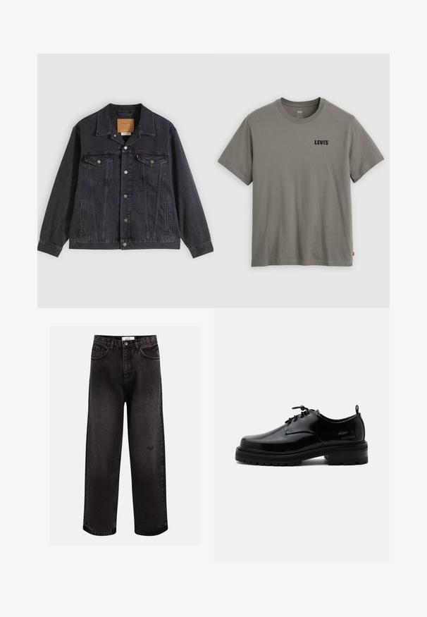 Sort denimjakke med knappelukning foran, to brystlommer, sidelommer og lodret ribbet struktur. Læderpatch på kravens inderside.; Grøn Levi's t-shirt med korte ærmer og rund hals, med sort logo på venstre bryst og lille rød mærkat i venstre sidesøm.; Sorte denim jeans med bred benpasform, der har fem lommer, en syet talje og en diskret logodetalje nær knæet.; Sort poleret læder snørestøvle med tyk gummisål og lav hæl, sideskilt med mærketekst "SAMSOE" og bageste træksnor.