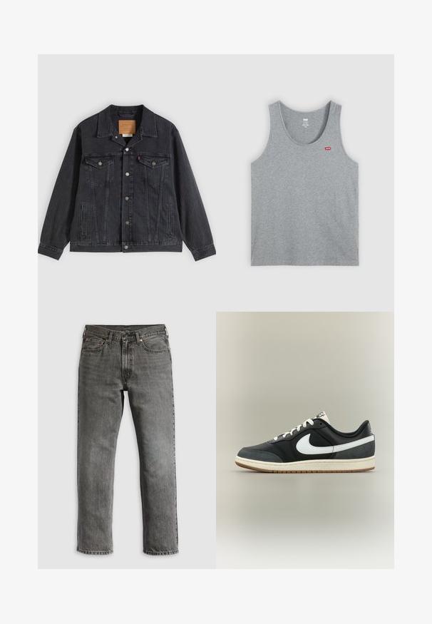 Schwarze Jeansjacke mit Knopfleiste, zwei Brusttaschen, Seitentaschen und vertikal geripptem Muster. Lederpatch auf der Innenseite des Kragens.; Graues Baumwoll-Tanktop mit rundem Halsausschnitt und weiten Armausschnitten. Über das kleine rote Levi's-Logo auf der oberen linken Seite.; Graue Jeans aus Denim mit geradem Bein, ausgestattet mit fünf Taschen, kupfernen Nieten und sichtbaren Nähten. Klassisches Design mit Reißverschluss.; Niedriger schwarzer Sneaker mit weißem Nike-Swoosh, weißen Schnürsenkeln und beige farbener Sohle mit brauner Außensohle, auf neutralem Hintergrund dargestellt.