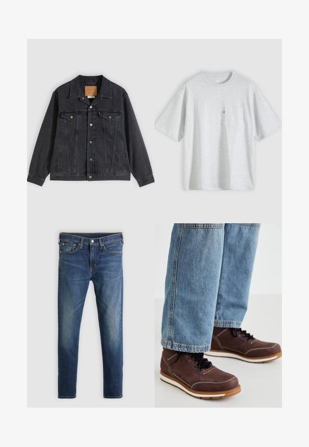 Schwarze Jeansjacke mit Knopfleiste, zwei Brusttaschen, Seitentaschen und vertikal geripptem Muster. Lederpatch auf der Innenseite des Kragens.; Hellgraues T-Shirt mit kurzen Ärmeln, Rundhalsausschnitt und einer kleinen Brusttasche auf der linken Seite mit rotem Etikett.; Dunkelblaue Jeans aus Denim, schmal geschnitten, mit Knopfleiste, fünf Taschen und leichter Verblassung an den Oberschenkeln. Kontrastnähte überall.; Braune Lederschuhe mit schwarzen Schnürsenkeln, weißer Naht und gummierter Sohle. Kombiniert mit hellblauen Denim-Jeans in leicht lockerer Passform.