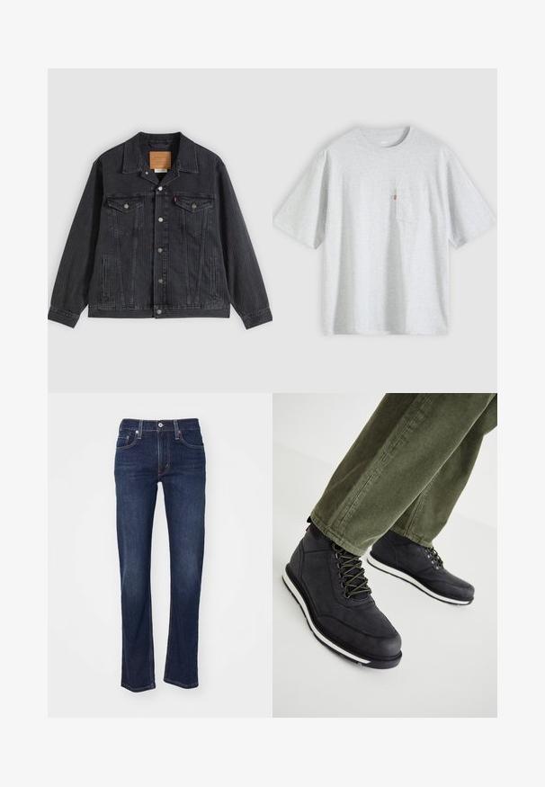 Veste en denim noir avec fermeture à boutons, deux poches poitrine, poches latérales et texture côtelée verticale. Patch en cuir à l'intérieur du col.; T-shirt gris clair à manches courtes avec un col rond et une petite poche poitrine sur le côté gauche avec une étiquette rouge.; Jeans en denim bleu foncé avec une coupe droite, présentant un design classique à cinq poches et des coutures détaillées sur les bords.; Bottes noires à lacets en matériau texturé, présentant des lacets verts et une semelle en caoutchouc blanche. Portées avec un pantalon en velours côtelé vert olive.