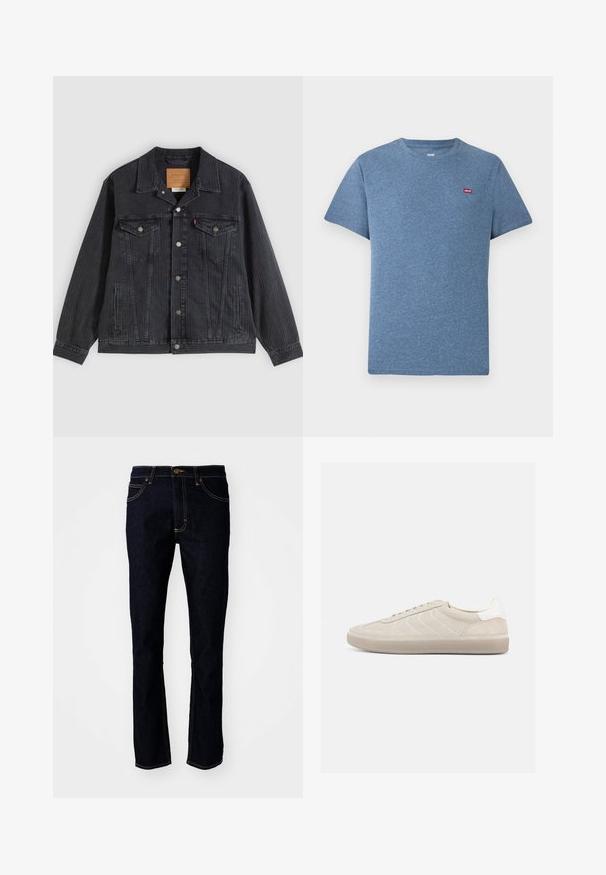 Zwarte spijkerjasje met een knoopsluiting aan de voorkant, twee borstzakken, zijzakken en een verticale geribbelde textuur. Leren patch aan de binnenkant van de kraag.; Blauw gemêleerd T-shirt met korte mouwen en ronde hals, klein rood Levi's-logo op de linkerborst.; Lee LUKE - Slim fit jeans - rinse raine; Beige suède sneaker met een gestructureerd bovenwerk, een gladde witte hielkap, dunne veters en een rubberen buitenzool. Heeft een slank, laag profiel.