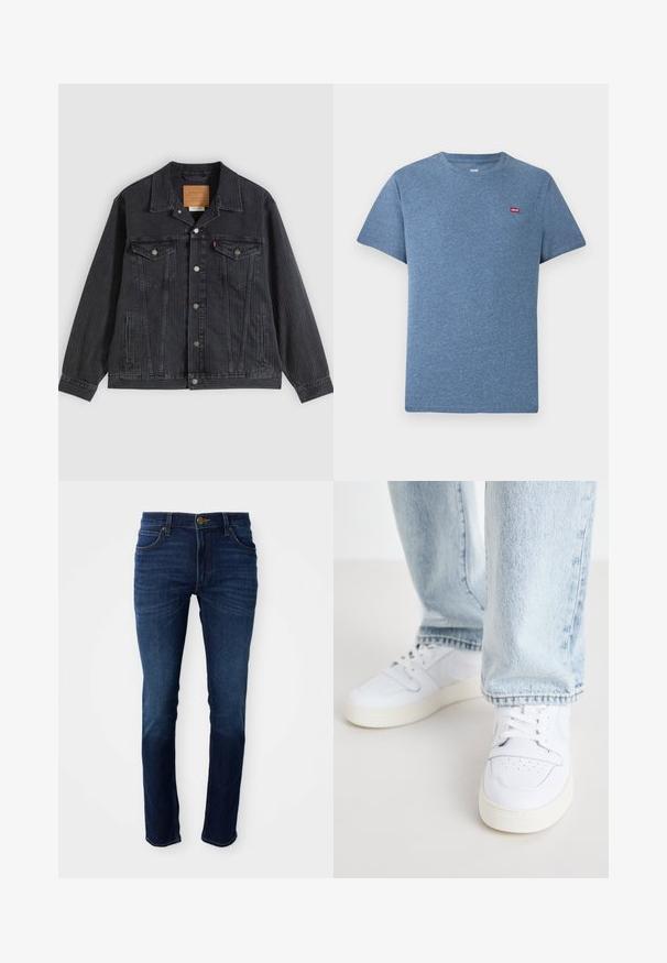 Zwarte spijkerjasje met een knoopsluiting aan de voorkant, twee borstzakken, zijzakken en een verticale geribbelde textuur. Leren patch aan de binnenkant van de kraag.; Blauw gemêleerd T-shirt met korte mouwen en ronde hals, klein rood Levi's-logo op de linkerborst.; Donkerblauwe denim broeken met een klassieke rechte pasvorm, voorzien van een knoopsluiting en vijf zakken. De stof heeft een gladde textuur.; Witte leren lage sneakers met geperforeerde neus, platte veters en een minimalistisch ontwerp. Gecombineerd met lichtblauwe denim jeans.
