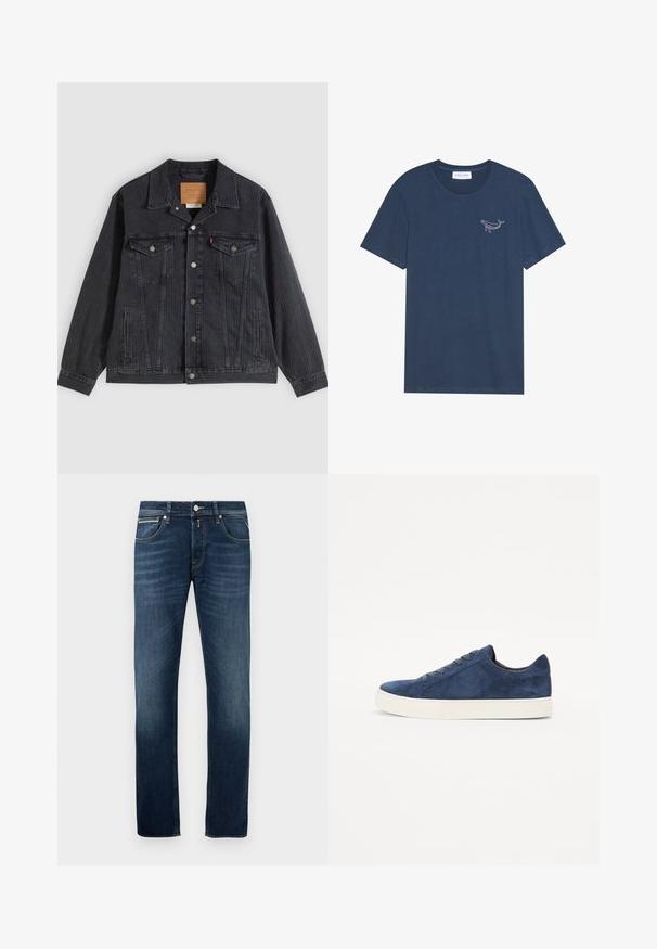 Schwarze Jeansjacke mit Knopfleiste, zwei Brusttaschen, Seitentaschen und vertikal geripptem Muster. Lederpatch auf der Innenseite des Kragens.; Navyblaue Baumwoll-T-Shirt mit Rundhalsausschnitt und kurzen Ärmeln, mit einem weißen gestickten Walfischedesign auf der linken Brust.; Dunkelblaue Gerade geschnittene Jeans mit leichter Ausbleichung an den Oberschenkeln, fünf Taschen und einem metallenen Knopfverschluss an der Taille.; Marineblaue Wildlederschuhe mit runder Zehenpartie, fünf Ösen, weißer Gummisohle und minimalistischem Design. Glatte Oberfläche, ohne erkennbare Muster.