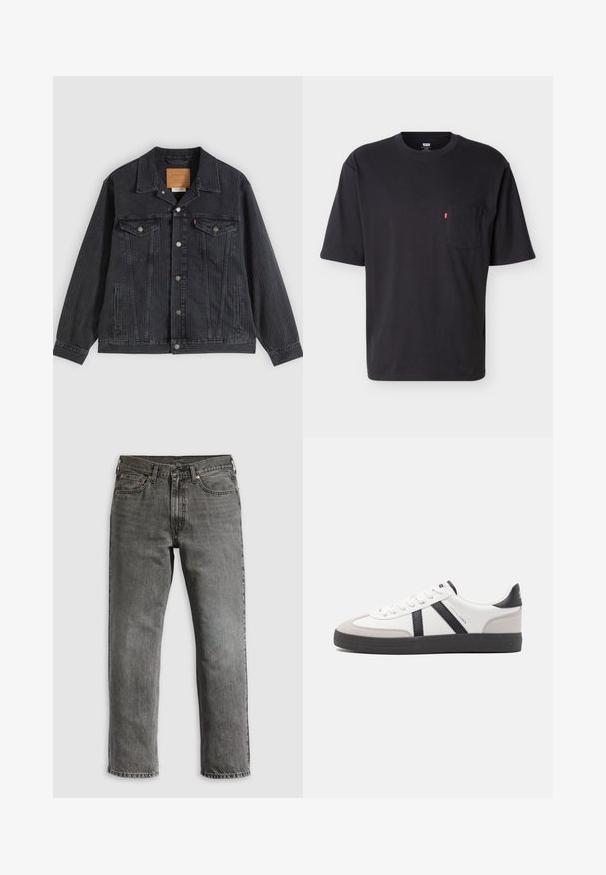Schwarze Jeansjacke mit Knopfleiste, zwei Brusttaschen, Seitentaschen und vertikal geripptem Muster. Lederpatch auf der Innenseite des Kragens.; Schwarzes T-Shirt mit kurzem Arm, Rundhalsausschnitt und Brusttasche mit kleinem rotem Levi's-Logo-Tab an der Tasche vor einfachem hellem Hintergrund.; Graue Jeans aus Denim mit geradem Bein, ausgestattet mit fünf Taschen, kupfernen Nieten und sichtbaren Nähten. Klassisches Design mit Reißverschluss.; Weiße Sneaker mit schwarz- und grau-aczenten, ausgestattet mit einer strukturierten grauen Zehenkappe, schwarzer Gummi-Sohle und flachen weißen Schnürsenkeln. Sauberes Design, minimalistische Stil.