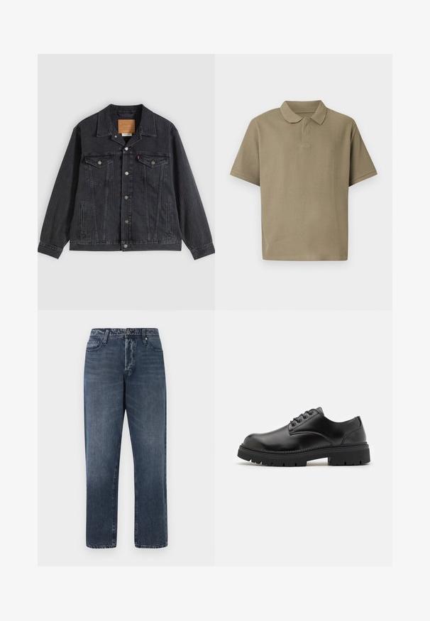 Sort denimjakke med knappelukning foran, to brystlommer, sidelommer og lodret ribbet struktur. Læderpatch på kravens inderside.; Kortærmet olivengrøn ribbet poloshirt med klassisk krave og uden synlige knapper, vist mod en ensartet baggrund.; Jack & Jones Loose-fit JJIEDDIE JJORIGINAL SQ 227 - Baggy jeans - blue denim; Sorte lædersko med rund tå, snørelukning og en tykk, struktureret gummisål. Har syninger langs kanten og en glat overflade.