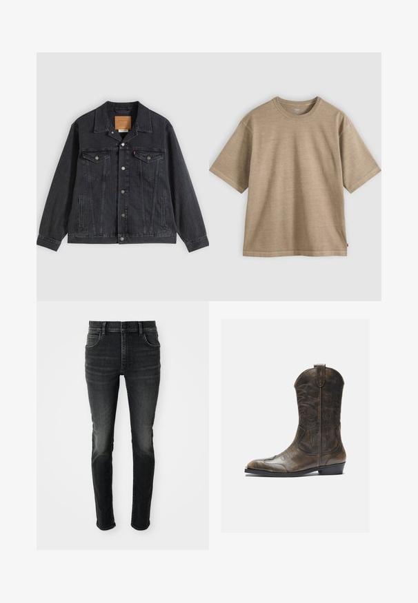 Zwarte spijkerjasje met een knoopsluiting aan de voorkant, twee borstzakken, zijzakken en een verticale geribbelde textuur. Leren patch aan de binnenkant van de kraag.; Beige katoenen T-shirt met korte mouwen, ronde hals en een losse pasvorm, getoond op een effen lichtgrijze achtergrond.; Donkergrijze, high-waisted skinny jeans met een vervaagde look. Bevat vijf zakken, riemlussen en een klassieke knoopsluiting.; Bruine leren cowboylaars met een hoge schacht, spitse neus, ingewikkelde stikpatronen en een kleine hak. Gevarieerde afwerking overal.