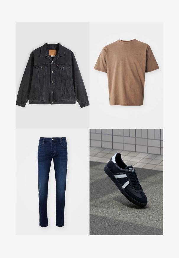 Schwarze Jeansjacke mit Knopfleiste, zwei Brusttaschen, Seitentaschen und vertikal geripptem Muster. Lederpatch auf der Innenseite des Kragens.; Braunes Baumwoll-T-Shirt mit Rundhalsausschnitt, kurzen Ärmeln und einem dezenten gestickten Logo auf der linken Brustseite. Glatte Textur, lockerer Schnitt.; Dunkelblaue Slim-Fit Denim-Jeans mit Knopf vorne, Taschen, Gürtelschlaufen und dezenten Ausbleichungen an den Beinen.; Schwarze Leder-Sneaker mit weißen Streifen, strukturiertem Gummisohle und Schnürung. Verfügt über ein Markenetikett auf der Zunge.