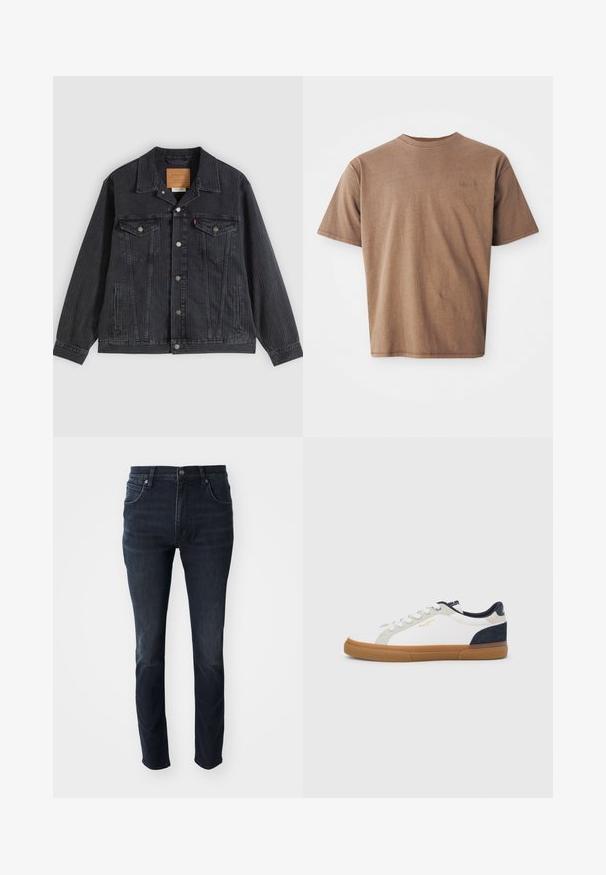 Sort denimjakke med knappelukning foran, to brystlommer, sidelommer og lodret ribbet struktur. Læderpatch på kravens inderside.; Brun bomulds t-shirt med rund hals, korte ærmer og et diskret broderet logo på venstre brystområde. Glat tekstur, afslappet pasform.; Mørkeblå denimjeans med lige ben, fem-lomme design og en subtil falmeeffekt på lårene, med metalknaplukning.; Hvide lærreds-sneakers med marineblå og grå ruskindsdetaljer. Har en sål af gummigummi, rundet snude og klassisk snøredesign.