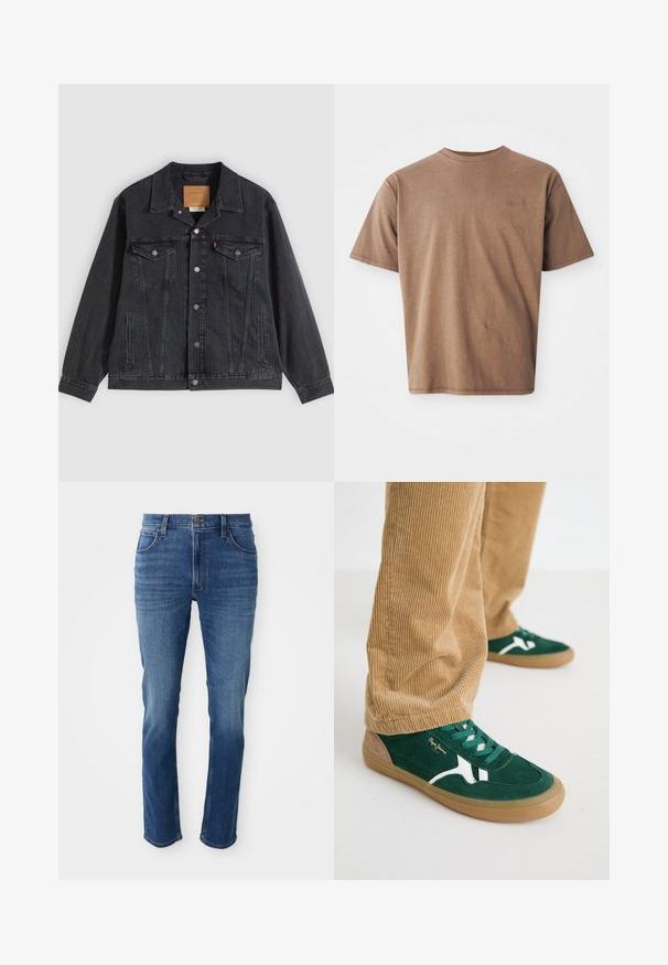 Sort denimjakke med knappelukning foran, to brystlommer, sidelommer og lodret ribbet struktur. Læderpatch på kravens inderside.; Brun bomulds t-shirt med rund hals, korte ærmer og et diskret broderet logo på venstre brystområde. Glat tekstur, afslappet pasform.; Blå denim jeans med lige snit, fem lommer og lynlås. Har subtle farvefading og kontraststing langs sømmene.; Grønne svineder sko med hvide accenter og grønne snørebånd. Gummisål, rund tå og tan detaljer på hælen. Båret med fløjl bukser.