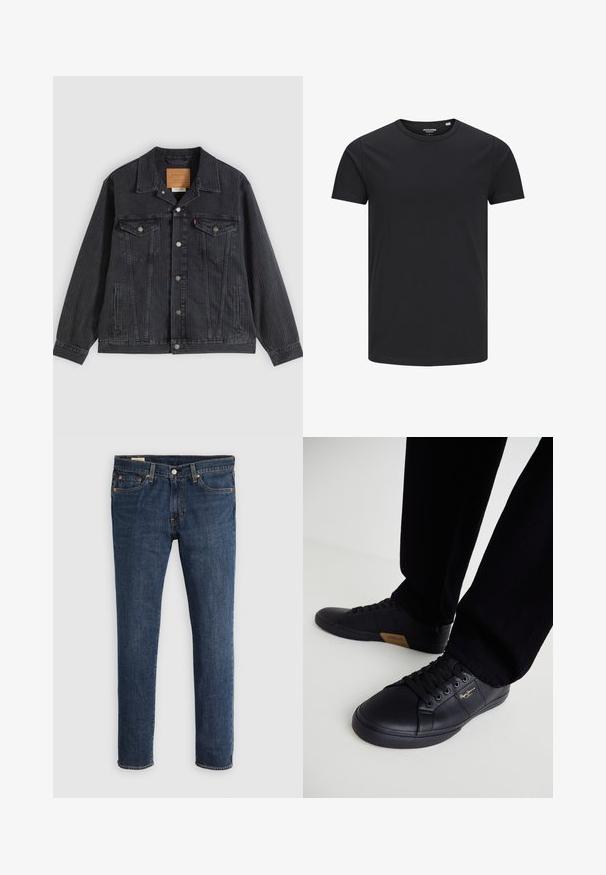 Veste en denim noir avec fermeture à boutons, deux poches poitrine, poches latérales et texture côtelée verticale. Patch en cuir à l'intérieur du col.; T-shirt en coton noir avec un col rond, des manches courtes et un design simple. Texture lisse, sans motifs ni éléments visibles.; Jean en denim bleu foncé avec une coupe droite. Comprend une braguette zippée, cinq poches et des coutures contrastantes orange.; Baskets en cuir noir au design épuré, dotées d'une surface texturée, d'un bout rond et de lacets noirs. Détail du logo doré sur le côté.