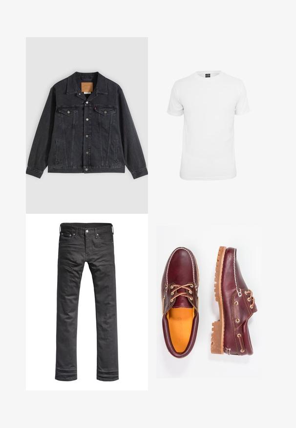 Veste en denim noir avec fermeture à boutons, deux poches poitrine, poches latérales et texture côtelée verticale. Patch en cuir à l'intérieur du col.; T-shirt blanche à manches courtes, en coton, avec un col rond et une texture lisse, conçue pour un usage décontracté.; Jeans en denim noir avec un design classique à jambes droites. Comprend des poches avant, une fermeture à bouton et des détails de couture subtils.; Chaussures en cuir bourgogne avec semelles en caoutchouc marron, bout rond, couture blanche et œillets dorés. L'intérieur présente une doublure jaune.