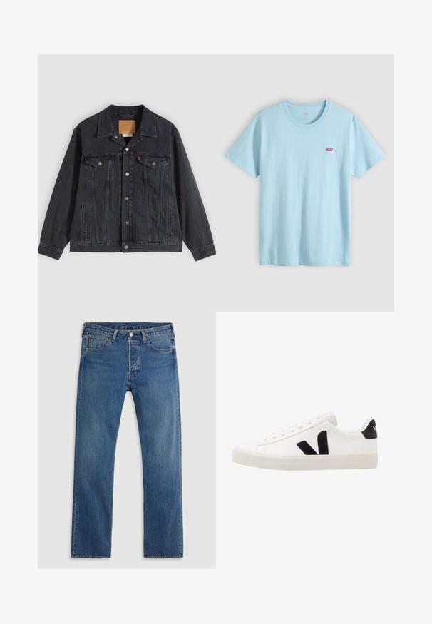 Zwarte spijkerjasje met een knoopsluiting aan de voorkant, twee borstzakken, zijzakken en een verticale geribbelde textuur. Leren patch aan de binnenkant van de kraag.; Lichtblauw T-shirt met korte mouwen en ronde hals met klein rood Levi's-logo op de linkerborst.; Blauwe rechte denim jeans met vijf zakken, riemlussen en een sluiting met een knoop en ritssluiting aan de voorkant, op een effen achtergrond.; Witte leren sneaker met zwarte suède accenten; voorzien van een rubberen zool, ronde neus en een klassieke vetersluiting. Zijkant met logo in het zwart.