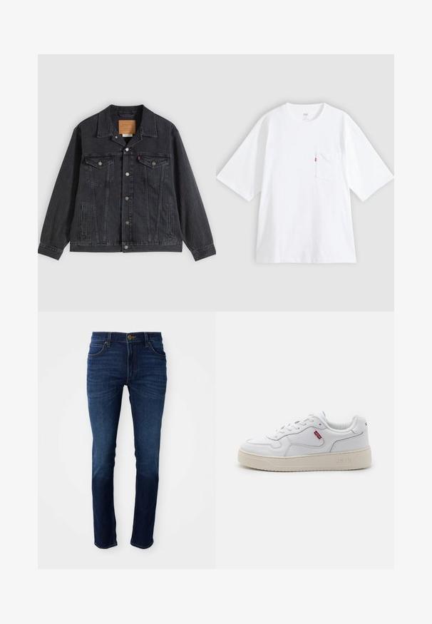 Sort denimjakke med knappelukning foran, to brystlommer, sidelommer og lodret ribbet struktur. Læderpatch på kravens inderside.; Hvid bomulds-T-shirt med korte ærmer, rund hals og lomme på venstre bryst. Har en lille rød logoetiket på lommen.; Mørkeblå denimjeans med en klassisk straight-leg pasform, der har en knaplukning og fem lommer. Stoffet har en glat tekstur.; Hvide lædersneakers med en tekstureret overflade, roundet tå og beige gummisål. Har rødt Levi's-logo på siden og polstret krave.