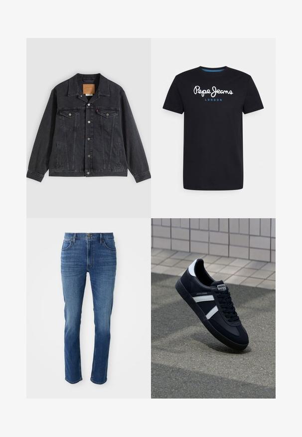 Veste en denim noir avec fermeture à boutons, deux poches poitrine, poches latérales et texture côtelée verticale. Patch en cuir à l'intérieur du col.; T-shirt en coton noir avec un logo en script blanc "Pepe Jeans" accentué de bleu, col rond et manches courtes. Design simple et uni.; Jean en denim bleu avec une coupe droite, cinq poches et une fermeture éclair. Présente une décoloration subtile et des coutures contrastantes le long des coutures.; Sneaker en cuir noir avec des rayures blanches, semelle en caoutchouc texturée et devant à lacets. Présente une étiquette de marque sur la languette.