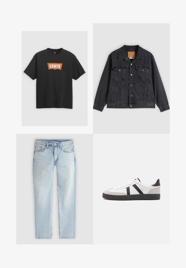 Chaqueta de mezclilla negra con cierre de botones en el frente, dos bolsillos en el pecho, bolsillos laterales y textura acanalada vertical. Parche de cuero en el interior del cuello.; Camiseta de algodón negra con un gran logo naranja de Levi's en la parte delantera, mangas cortas y diseño de cuello redondo.; Vaqueros azul claro de corte recto con cierre delantero de botón y cremallera, bolsillos delanteros y traseros, y detalles de costuras visibles.; Zapatilla blanca con acentos en negro y gris, que presenta una puntera texturizada en gris, suela de goma negra y cordones planos blancos. Diseño limpio, estilo minimalista.