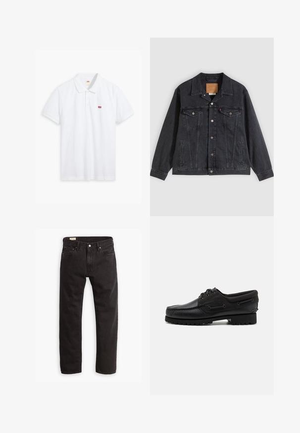 Schwarze Jeansjacke mit Knopfleiste, zwei Brusttaschen, Seitentaschen und vertikal geripptem Muster. Lederpatch auf der Innenseite des Kragens.; Weißes Poloshirt aus Baumwolle. Verfügt über eine Knopfleiste mit drei Knöpfen, kurze Ärmel und ein kleines rotes Levi's-Logo auf der linken Brust.; Schwarze Denim-Jeans mit geradem Bein, ausgestattet mit einem klassischen Fünf-Taschen-Design, subtilen Nähten und einem Metallknopfverschluss.; Schwarzer Schuh mit einem Obermaterial aus Leder, textilen Akzenten, runden Schnürsenkeln und einer strukturierten Gummisohle. Verfügt über Mokassin-Nähte und eine Markeninschrift.