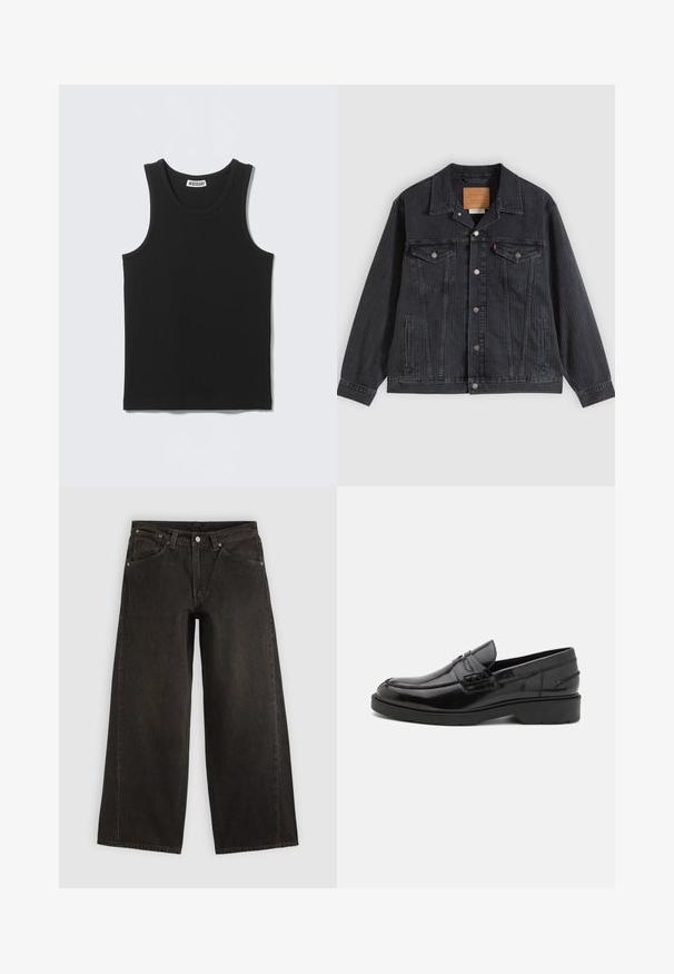 Veste en denim noir avec fermeture à boutons, deux poches poitrine, poches latérales et texture côtelée verticale. Patch en cuir à l'intérieur du col.; Débardeur noir sans manches en côtes, col rond et étiquette de la marque Weekday à l'intérieur du col au dos.; Jean noir à jambes larges avec poches avant, fermeture par boutons et passants de ceinture, présenté à plat sur un fond clair.; Mocassins en cuir noir avec une finition lisse, un bout rond, un petit talon et descoutures décoratives à l'avant. Semelle en caoutchouc pour l'adhérence.