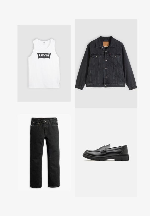 Schwarze Jeansjacke mit Knopfleiste, zwei Brusttaschen, Seitentaschen und vertikal geripptem Muster. Lederpatch auf der Innenseite des Kragens.; Weißes Baumwoll-Trägershirt mit einem schwarzen Levi's-Logo in der Mitte. Einfaches Design mit rundem Halsausschnitt und weiten Armausschnitten.; Schwarze Jeans im geraden Schnitt mit fünf Taschen, Gürtelschlaufen und einem Knopfverschluss an der Taille, flach auf einem weißen Hintergrund ausgelegt.; Schwarze Lederloafer mit einem breiten Riemen über dem Rist, Gummisohle mit dicken Profilen und glatter Textur. Klassisches, schlankes Design.
