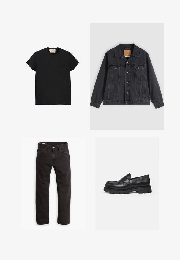 Sort denimjakke med knappelukning foran, to brystlommer, sidelommer og lodret ribbet struktur. Læderpatch på kravens inderside.; Sort bomulds T-shirt med rund hals, korte ærmer og en lomme på venstre bryst. Glat tekstur og minimalistisk design.; Sorte denim jeans med lige ben, der har et klassisk fem-lomme design, subtil syning og en metal knaplukning.; Sort læderloafer med tyk rillede sål og penny-remdetalje, vist i højre sideprofil på hvid baggrund.