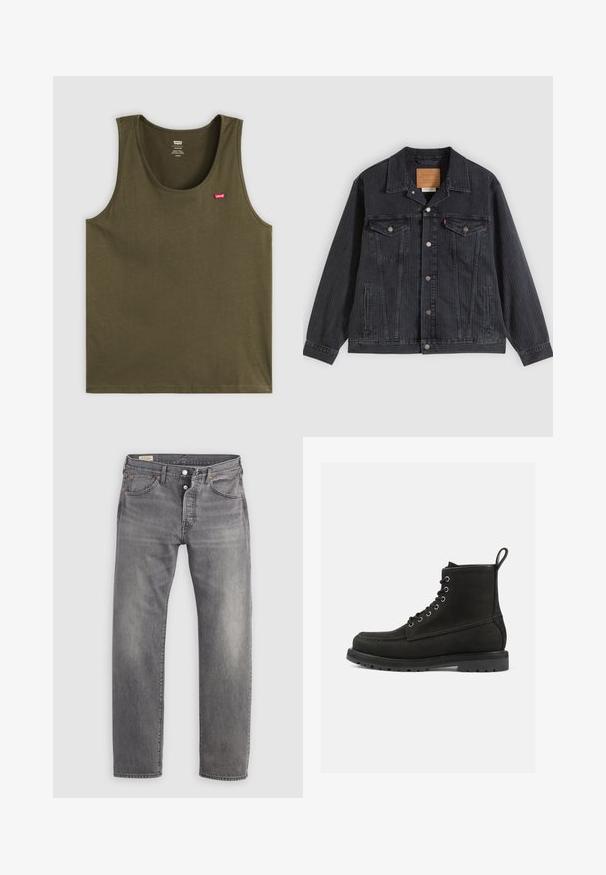 Schwarze Jeansjacke mit Knopfleiste, zwei Brusttaschen, Seitentaschen und vertikal geripptem Muster. Lederpatch auf der Innenseite des Kragens.; Olivgrünes Tanktop aus weichem Stoff, mit rundem Halsausschnitt und einem kleinen roten Logo auf der oberen linken Seite. Einfaches Design, ohne Muster oder Akzente.; Graue Jeans mit geradem Bein, Knopfleiste, fünf Taschen und leichtem Verblassen an Oberschenkeln und Knien.; Schwarze Leder-Ankle-Boots mit runder Zehenpartie, Schnürdesign, Metallösen und einer strukturierten Gummisohle. Verfügt über eine dekorative Schlaufe.