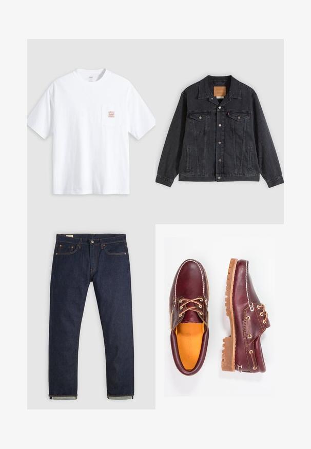Zwarte spijkerjasje met een knoopsluiting aan de voorkant, twee borstzakken, zijzakken en een verticale geribbelde textuur. Leren patch aan de binnenkant van de kraag.; Witte T-shirt met korte mouwen en ronde hals, met een klein borstzakje aan de voorkant met een beige en rood rechthoekig label.; Donkerblauwe spijkerbroek met rechte pijpen, omgeslagen boorden, vijfzakkenontwerp, koperen klinknagels en knoopsluiting op een effen achtergrond.; Bordeaux leren schoenen met bruine rubberen zolen, ronde neus, witte stiksels en gouden veterogen. Het interieur heeft een gele voering.