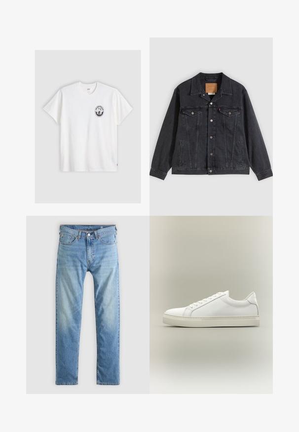 Sort denimjakke med knappelukning foran, to brystlommer, sidelommer og lodret ribbet struktur. Læderpatch på kravens inderside.; Hvid bomulds t-shirt med korte ærmer, rund hals og et sort cirkulært logo på venstre bryst med et stiliseret design.; Lyseblå denimjeans med lige ben, orange syninger, fem lommer og knaplukning.; Hvid lavtop sneaker med snørebånd foran og tyk sål, vist fra siden mod en neutral baggrund.