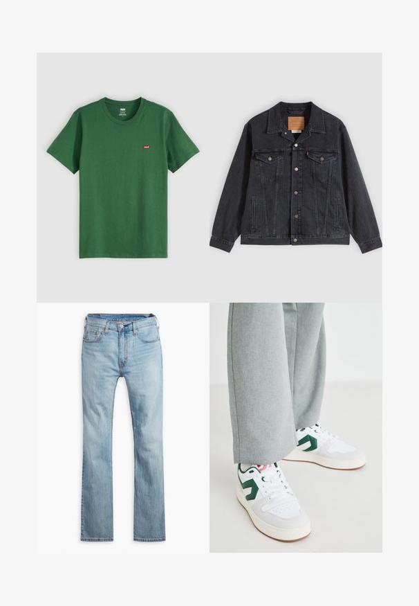 Sort denimjakke med knappelukning foran, to brystlommer, sidelommer og lodret ribbet struktur. Læderpatch på kravens inderside.; Grøn bomulds t-shirt med rund hals, korte ærmer og et lille rødt Levi's-logo på venstre bryst. Blød tekstur, standard pasform.; Lyseblå denim jeans, lige pasform, med fem lommer, kontrastsyning og knaplukning i taljen.; Hvide og grønne sneakers med glat læder og ruskindsmaterialer, der har en fremtrædende grøn logo-accents og hvide snørebånd. Grå bukser er delvist synlige.