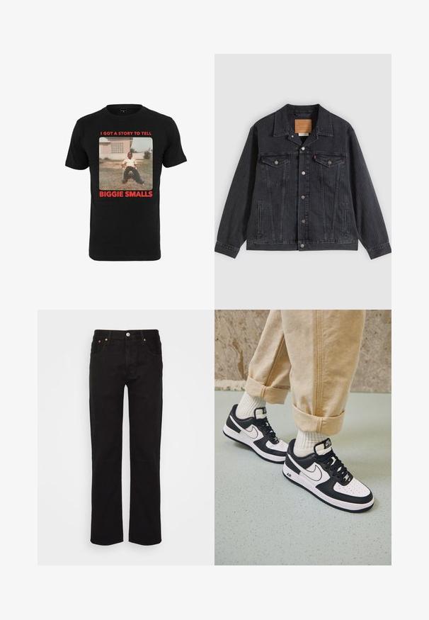Sort denimjakke med knappelukning foran, to brystlommer, sidelommer og lodret ribbet struktur. Læderpatch på kravens inderside.; Sort bomulds T-shirt med et vintage billede og rød tekst, der står "I GOT A STORY TO TELL BIGGIE SMALLS" under billedet.; Sorte lige ben jeans lavet af bomuld. Har fem lommer, en metalknap og orange syninger fortil.; Sorte og hvide Nike Air Force 1 sneakers med læderoverdel, perforeret tå og tekstureret såldetalje, båret med rullede beige bukser og hvide sokker.