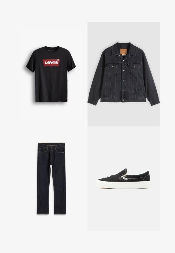 Sort denimjakke med knappelukning foran, to brystlommer, sidelommer og lodret ribbet struktur. Læderpatch på kravens inderside.; Sort bomulds t-shirt med rund hals. Har et stort rødt Levi's logo på en hvid baggrund og et lille rødt mærke på den nederste side.; Mørkeblå lige ben denim jeans med forlommer, bæltestropper og kontrast orange syninger, lagt fladt på hvid baggrund.; Sort Vans slip-on sneaker med hvid gummisål, hvid syning og elastiske sidestropper, set fra ydersiden.