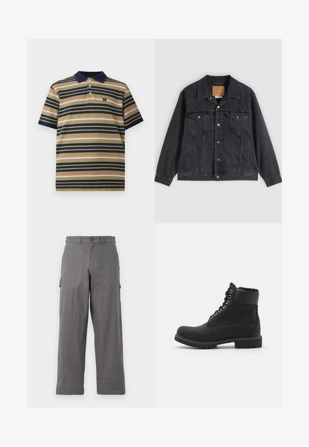 Schwarze Jeansjacke mit Knopfleiste, zwei Brusttaschen, Seitentaschen und vertikal geripptem Muster. Lederpatch auf der Innenseite des Kragens.; Kurzes Polohemd mit Navy-Kragen, olivfarbenem Grund und horizontalen Streifen in Marineblau, Koralle und Hellblau, ausgestattet mit kleinem Brustlogo.; Graue Cargo-Hosen mit geradem Bein-Design, aus strapazierfähigem Stoff. Mit Seitentaschen und einem Knopfverschluss an der Taille.; Schwarze Knöchelstiefel aus Wildleder mit Gummisohle, ausgestattet mit metallischen Ösen, Schnürsenkeln und einem weichen Kunstfellkragen am oberen Rand.
