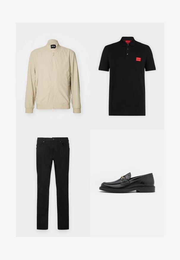 Beige bomberjack met een ritssluiting aan de voorkant, een staande kraag en zijzakken. Gemaakt van een gladde, lichte stof met elastische manchetten en zoom.; Zwart poloshirt met korte mouwen, een sluiting met drie knopen en een rood rechthoekig Hugo-logo op de linkerborst en binnen in de kraag.; Zwarte rechte broek met knopen en rits aan de voorkant, riemlussen en een ontwerp met vijf zakken op een witte achtergrond.; Zwarte leren instappers met een ronde neus, voorzien van een gouden hardware accent en stikdetails, geplaatst op een lage, getextureerde rubberen zool.