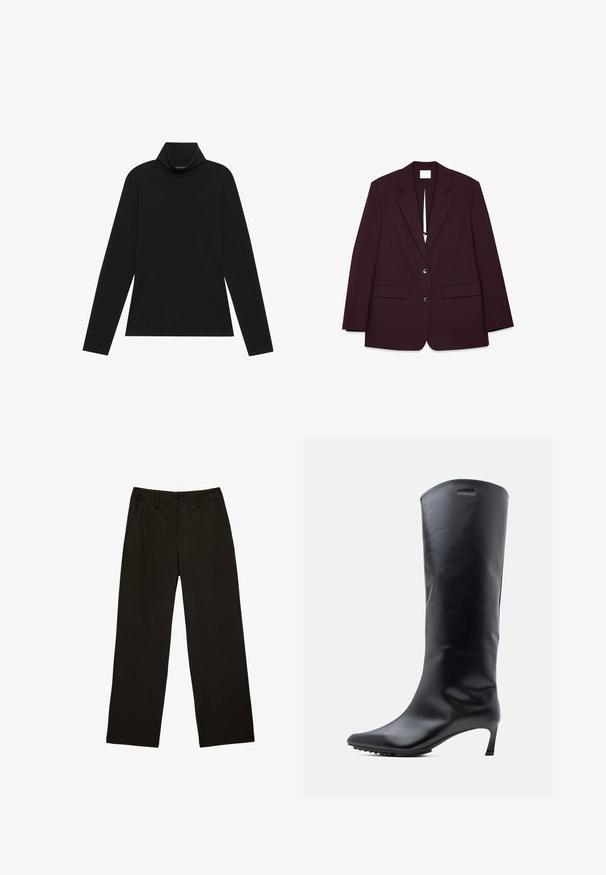 Burgundin puku, jossa on viistetty kaulus, kaksi etutaskua ja yksi rintatasku. Valmistettu liukkaasta kankaasta, jossa on kaksinappinen kiinnitys.; Mustat pitkät hiharat turtleneck-paidat. Pehmeä kangas, istuva muotoilu, korkea kaulus ja sivusaumat. Yksinkertainen ja monipuolinen tyyli, joka sopii kerroksittain käytettäväksi.; Mustat leveälahkeiset housut, joissa on hienovaraiset pystysuorat neulamaystriitit, vyölenkit ja etutaskut.; Polven yläpuolelle ulottuva musta nahkasaapas, jossa on kärkiosa ja kapea korkea korko. Sileä pinta, jossa on vähän metalliosia ja lähellä yläosaa on valmistajan logo.