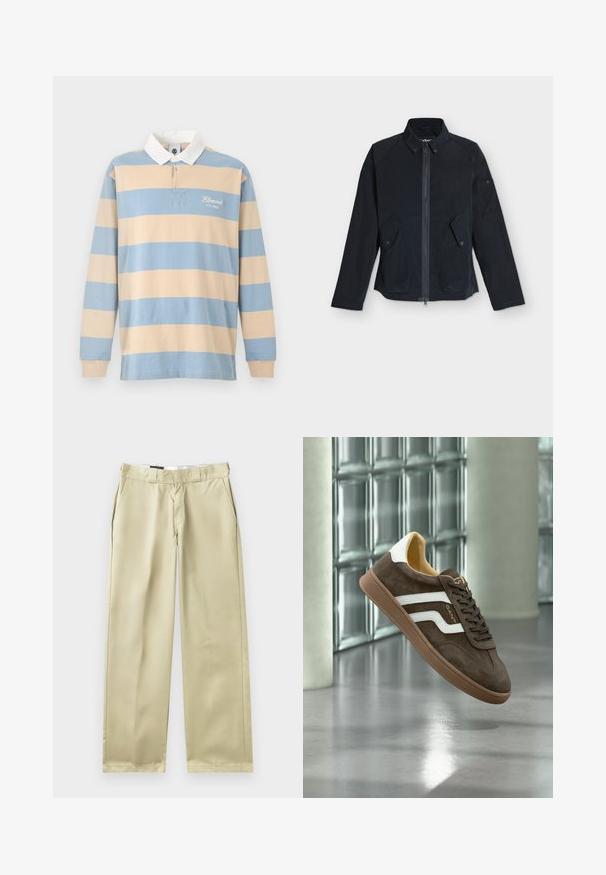 Veste noire zippée avec col montant, deux poches avant à rabat avec boutons, et une poche boutonnée sur la manche gauche, présentée à plat.; Maillot de rugby à manches longues avec larges rayures horizontales beige et bleu clair, col blanc et texte "Element Co. 1992" sur la poitrine.; Pantalon beige à coupe droite, fabriqué dans un tissu lisse. Comprend des poches latérales et une taille classique avec passants de ceinture.; Baskets en daim marron avec des bandes latérales blanches et une semelle en gomme, présentées flottant à l'intérieur sur un sol en béton poli près de briques de verre.