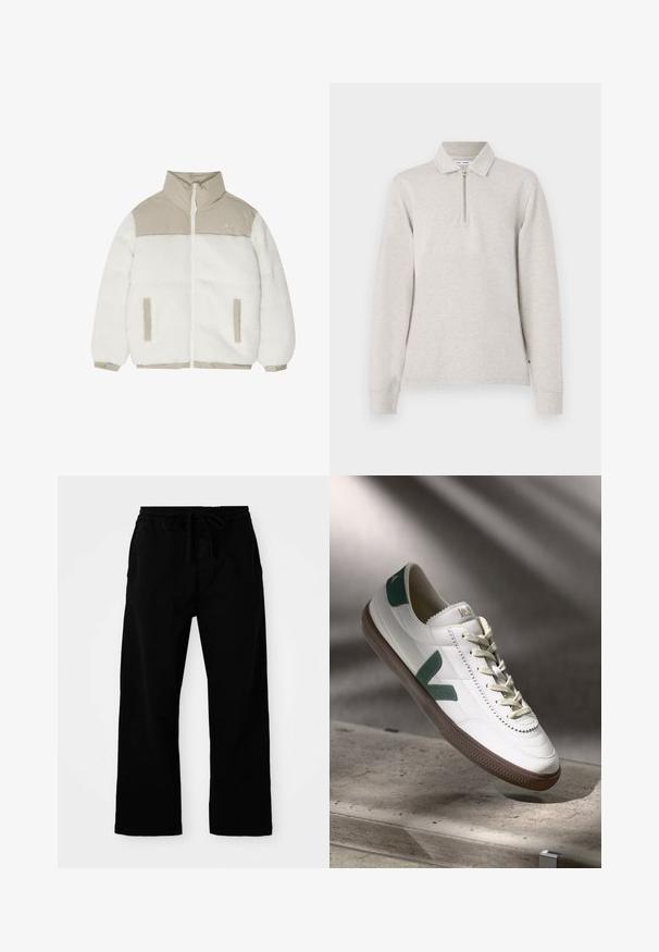 Fleecejack met een witte kleur en een beige nylon bovenstuk. Heeft een hoge kraag, een ritssluiting aan de voorkant en zijzakken met accenten van contrasterende stof.; Lichtgrijze poloshirt met lange mouwen, een half-rits hals, kraagontwerp en manchetten, gemaakt van een zachte textuurstof.; Zwarte broek met elastische tailleband en verstelbaar trekkoord, met wijde pijpen en een gladde katoentextuur. Geen zichtbare patronen of hardwaredetails.; Witte leren sneakers met groene suède accenten, ronde neus, veters en een getextureerde bruine rubberen zool. Geëmbossed logo op de hiel.