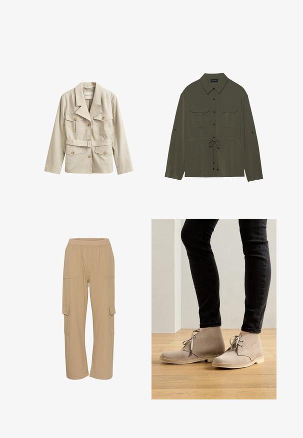 Veste beige ceinturée avec quatre poches à rabat boutonnées et col à revers, présentée sur fond blanc.; Veste chemise olive avec un devant à boutons, deux poches poitrine et une taille à cordon. Elle présente un col classique et des manches longues.; Pantalons cargo beiges avec une taille élastique, des poches latérales et une coupe décontractée. Fabriqués en tissu léger et texturé.; Bottines en daim beige à bout rond, avec un laçage et des coutures contrastantes, portées avec un pantalon noir ajusté sur un sol en bois.
