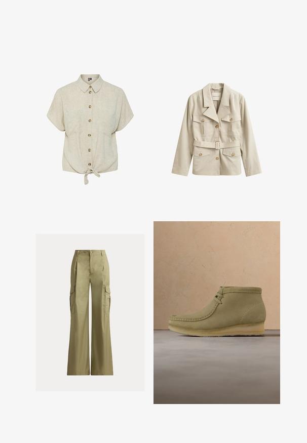 Veste beige ceinturée avec quatre poches à rabat boutonnées et col à revers, présentée sur fond blanc.; Chemise à manches courtes couleur beige clair, fabriquée en tissu texturé, avec un devant noué, un ourlet arrondi et des boutons marron.; Pantalon cargo kaki à jambes larges, taille haute, fermeture par bouton et zip, avec poches à rabat de chaque côté.; Bottines en suédine beige avec un bout arrondi, des coutures minimales, un petit talon et un laçage pour un ajustement réglable.