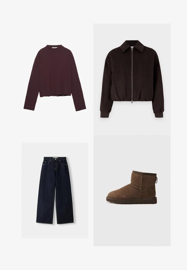 Veste noire courte avec fermeture éclair, dotée d'un col rabattable et de poignets nervurés, fabriquée en un tissu doux et texturé.; Haut manches longues côtelé couleur bordeaux foncé avec un col montant et un ourlet court. Présente des épaules décontractées et un tissu texturé.; Jean large en denim bleu foncé à taille haute, avec cinq poches, des coutures contrastées et des éléments en métal argenté. Texture lisse et finition soignée.; UGG CLASSIC MINI II - Bottes de neige - dusted cocoa