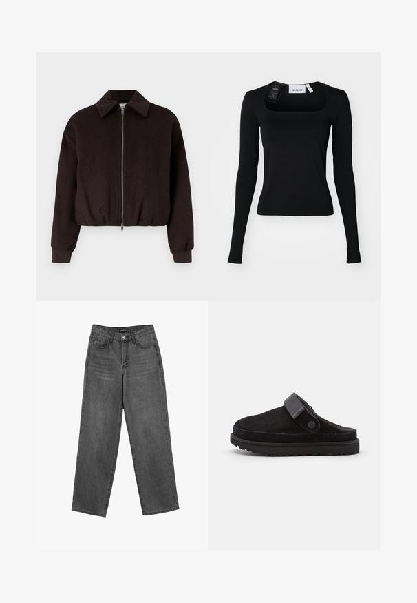 Zwarte cropped jack met een ritsluiting, voorzien van een kraag en geribde manchetten, gemaakt van een zachte, gestructureerde stof.; Zwarte langemouwen top met een vierkante halslijn. Gemaakt van gladde stof, heeft het een aansluitende silhoutte en subtiele stikdetails. Etiket bevestigd.; Zwarte high-waisted straight-leg jeans met een knoop aan de voorkant en zakken, weergegeven op een witte achtergrond.; Zwarte suède instap klompen met een ronde neuzen, zachte textuur, verstelbare band en een dikke rubberen zool met een patroonprofiel voor grip.
