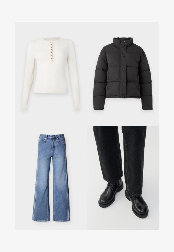 Sort puffjakke med høj krave, der har vandrette sømme, trykknapper og elastiske manchetter, lavet af vandafvisende materiale.; Langærmet cremefarvet sweater med ribbet tekstur, der har en rund hals og syv dekorative knapper foran.; Blå jeans med vide ben lavet af denim, med høj talje, kontrasterende syninger og en subtil falmet tekstur.; Sorte læder ankelstøvler med runde tåspidser, snørebånd og en rummelig, tyk sål. Sat sammen med mørke jeans, der viser en rå kantdetalje.
