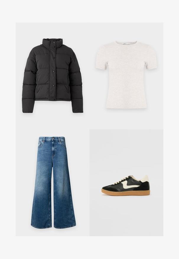 Sort puffjakke med høj krave, der har vandrette sømme, trykknapper og elastiske manchetter, lavet af vandafvisende materiale.; Lysegrå kortærmet t-shirt lavet af ribstrikket stof med rund halsudskæring. Simpelt design, glat tekstur, uden synlige mønstre eller accenter.; Bredde denim jeans i mellemblå med et klassisk fem-lomme design, knaplukning og let falmning for ekstra tekstur.; Sorte ruskinds- og lædersneakers med en cremefarvet side-swoosh og lys cremefarvet hæl. Har beige snørebånd og en gummirubber-sål.