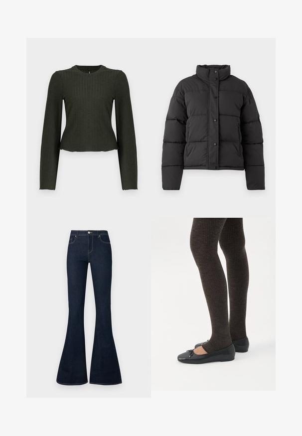 Sort puffjakke med høj krave, der har vandrette sømme, trykknapper og elastiske manchetter, lavet af vandafvisende materiale.; Olivengrøn cropped langærmet top lavet af ribbet stof. Har en rund halsudskæring og en tæt pasform.; Mørkeblå højtaljede denimjeans med flagrende ben, frontknap og lynlås samt fem-lomme design.; Ben iført mørke ribbede leggings kombineret med sorte balletsko med små sløjfedetaljer på hvid baggrund.