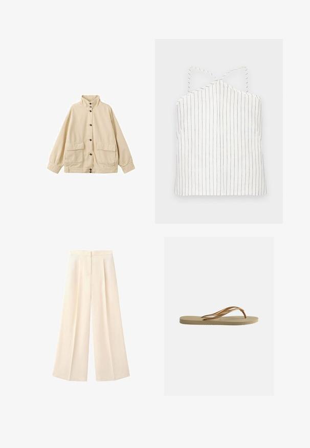 Beige Jacke zum Zumachen mit hohem Kragen, langen Ärmeln und zwei großen vorderen Klappentaschen.; Weißes Cami-Top mit dünnen schwarzen vertikalen Streifen. Verfügt über einen Halterneck mit überkreuzten Trägern und einem geraden Saum. Leichte, glatte Textur.; Hoch taillierte, weit geschnittene cremefarbene Hose mit vorderen Falten und verdecktem Knopf- und Reißverschluss.; Beige Flip-Flop-Sandale mit profilierter Sohle und bronzefarbenen, metallischen Y-förmigen Riemen vor schlichtem weißem Hintergrund.