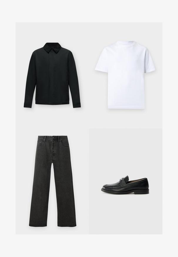 Sort langærmet jakke med spids krave og skjult frontknaplukning på en ensfarvet lys baggrund.; Hvid kortærmet t-shirt med rund hals, lagt fladt ud mod en lys baggrund, uden synlige logoer eller mønstre.; Sorte højtaljede lige ben jeans i denim med frontknap, lynlås og fem lomme-design på en hvid baggrund.; Sorte læder loafers med en glat finish, der har et tekstureret øverste bånd, lav hæl og minimale syninger.
